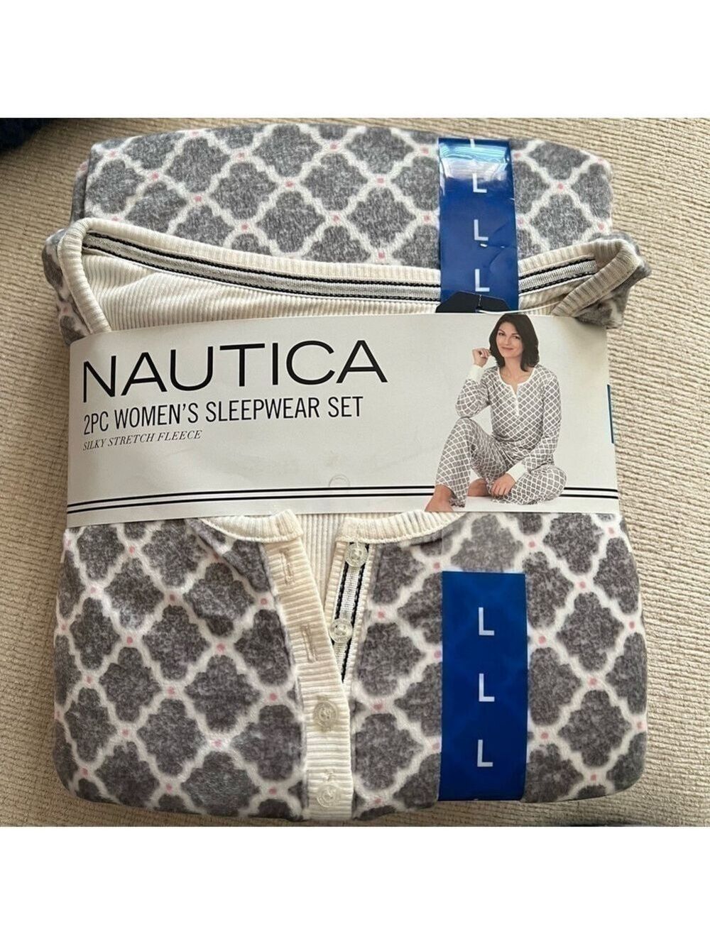 NEW-Nautica 2Pc SuperSoft Feather Touch Fleece Pajama Sleepwear Set Grey/White L